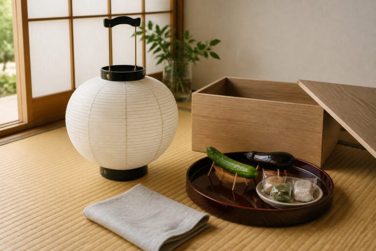 お盆を終えて盆提灯と供物を静かに片付ける室内のイメージ画像