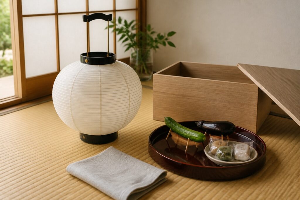 お盆を終えて盆提灯と供物を静かに片付ける室内のイメージ画像