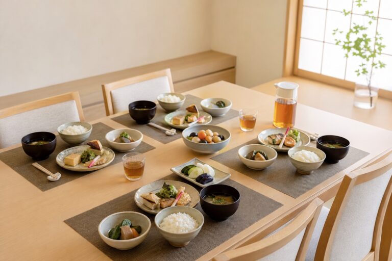 通夜後の会食に向けて少人数分の料理と飲み物を静かに整えたイメージ画像