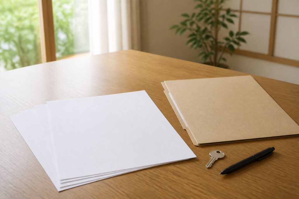固定資産税と相続の書類を木製テーブルで整理する準備のイメージ画像