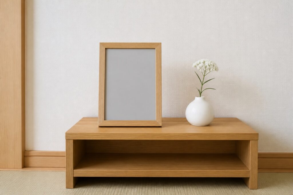 葬儀後の遺影を置く場所として小さな写真立てと花を静かに整えたイメージ画像