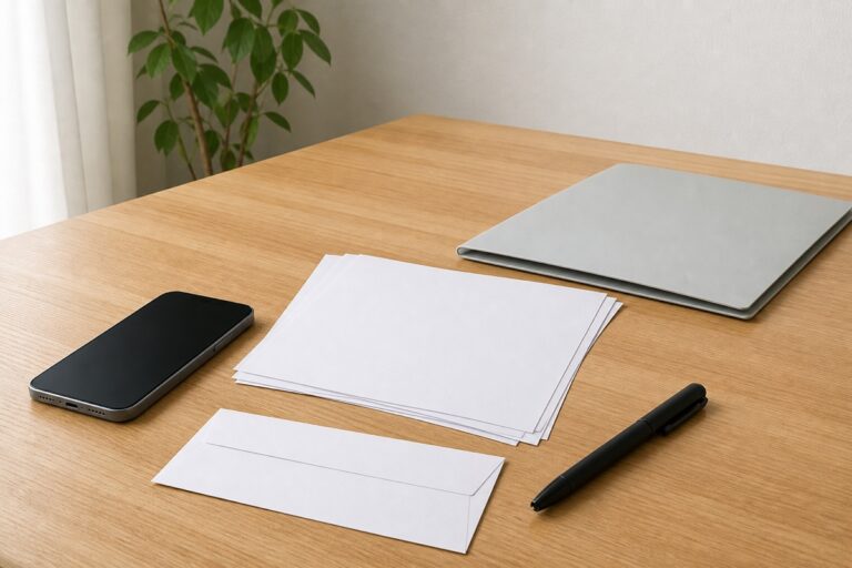 故人の携帯電話契約と関係書類を木製テーブルで整理する準備のイメージ画像