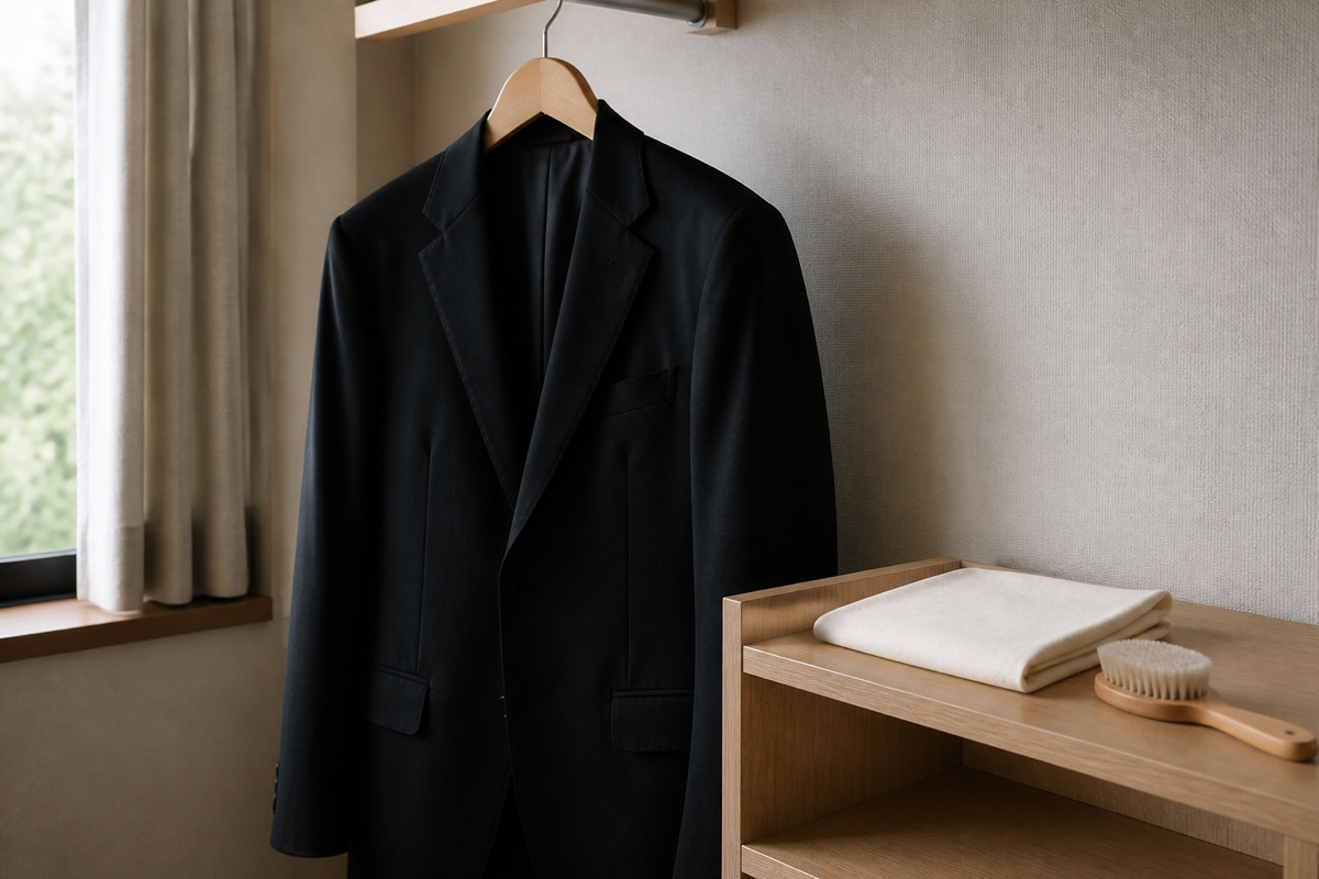葬儀後の喪服を手入れするため黒い上着と無地のケア用品を整えたイメージ画像