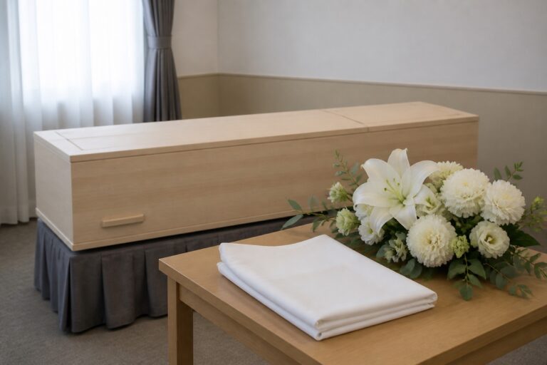 納棺の立ち会い前に白い布と花を静かに整えた準備のイメージ画像