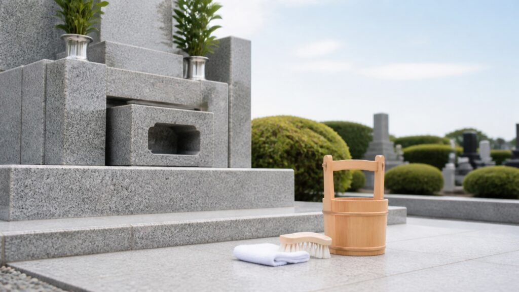 お墓掃除の方法や道具についての内容を表したイメージ画像