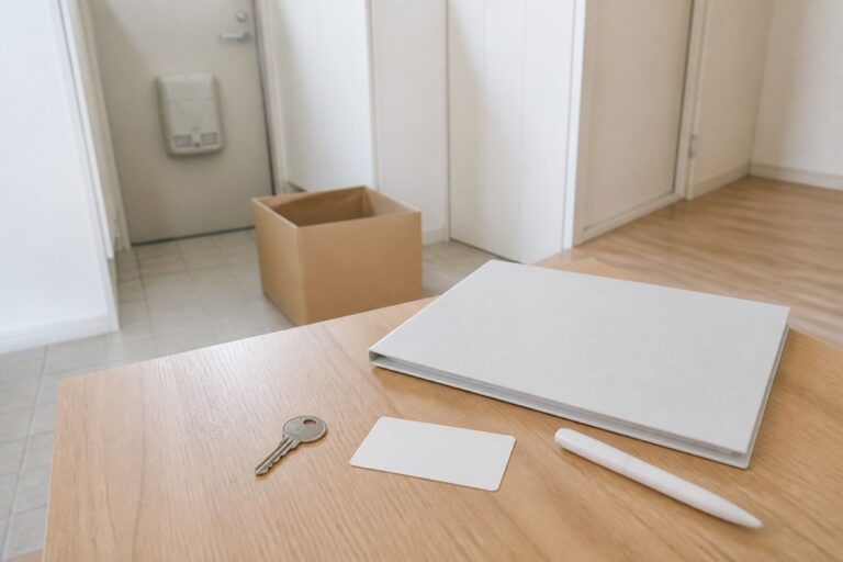 賃貸住宅の契約者が亡くなった後の確認事項として鍵と無地の書類、箱を整えたイメージ画像