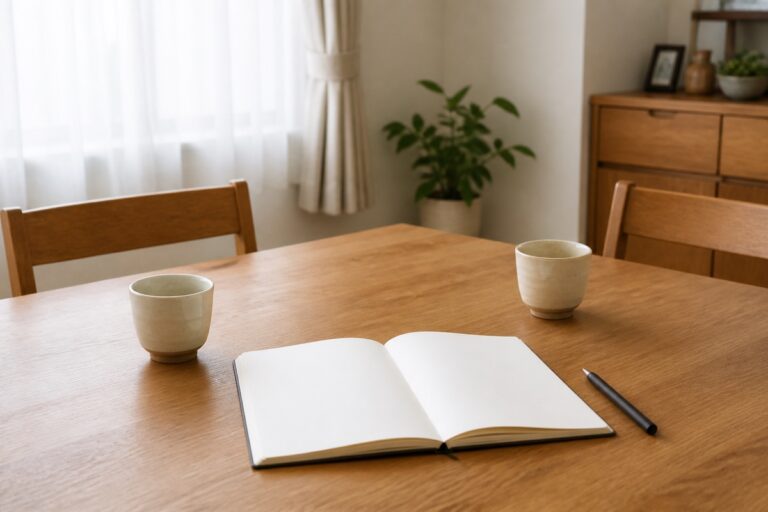 親と葬儀の希望を穏やかに話すためのノートと湯のみを置いた食卓のイメージ画像