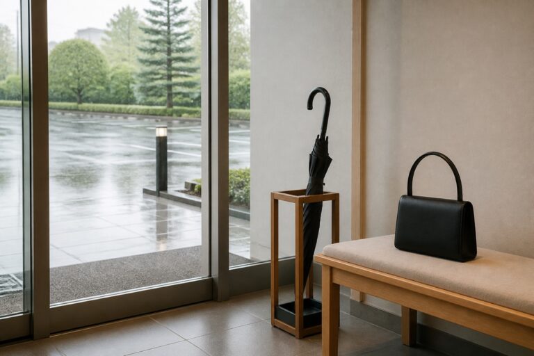 雨の日の葬儀参列準備として屋内の傘立てと手荷物を整えたイメージ画像