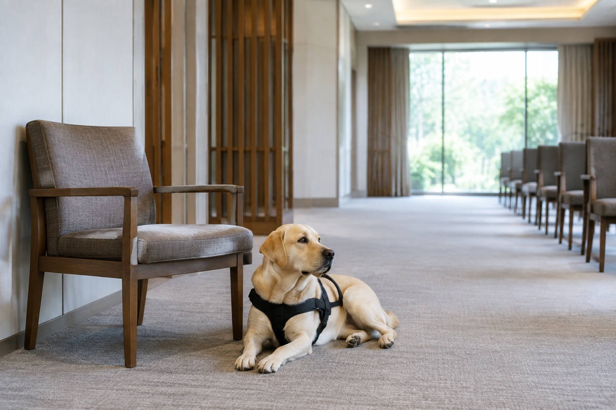 静かな葬儀会場の待合空間で利用者を待つ補助犬と空席のイメージ画像