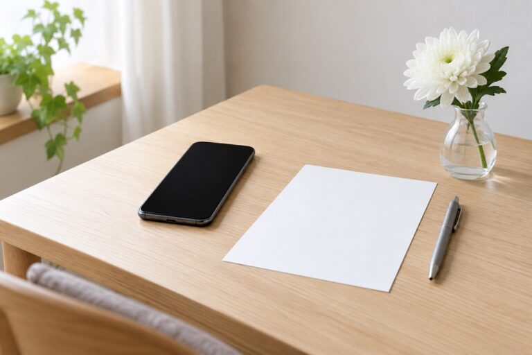 電話で短くお悔やみを伝える前に言葉を整える静かな机のイメージ画像