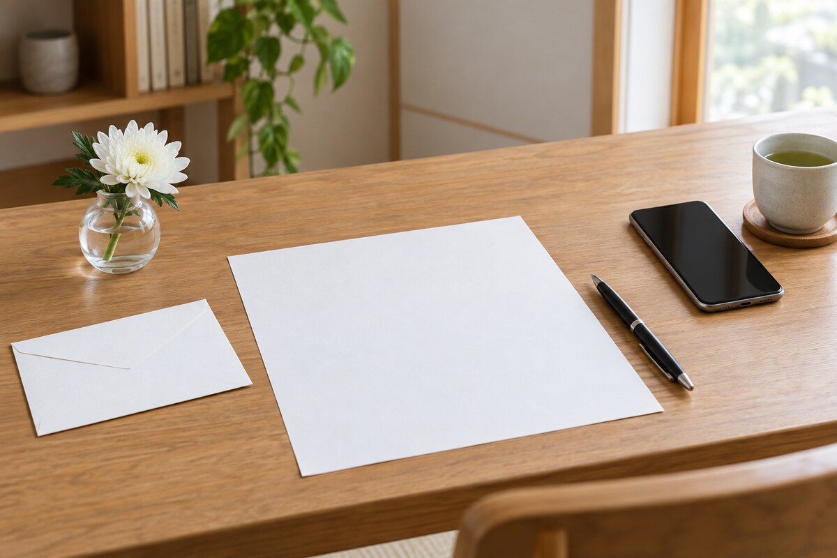 夫の訃報を伝える文章を静かに整理する机上のイメージ画像
