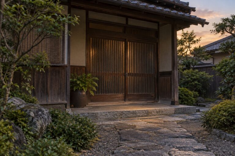 昔の自宅葬の出棺前を静かに想起させる玄関先の夕景イメージ画像