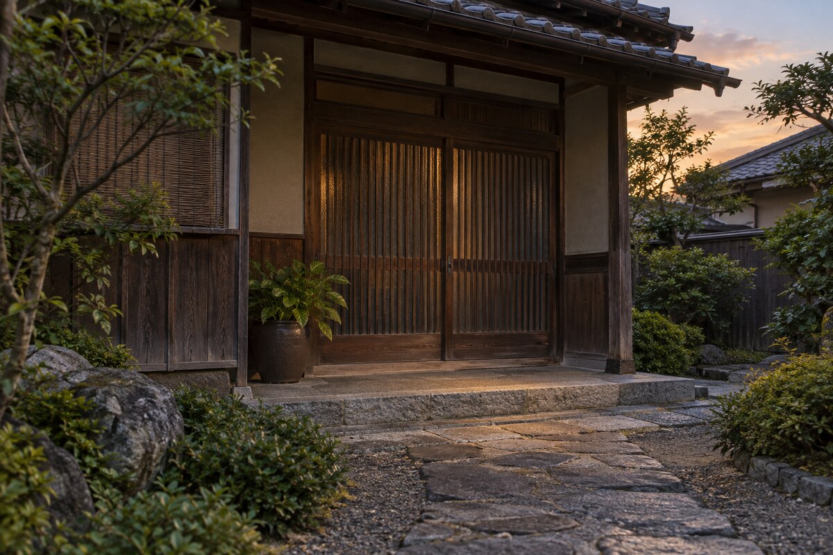 昔の自宅葬の出棺前を静かに想起させる玄関先の夕景イメージ画像