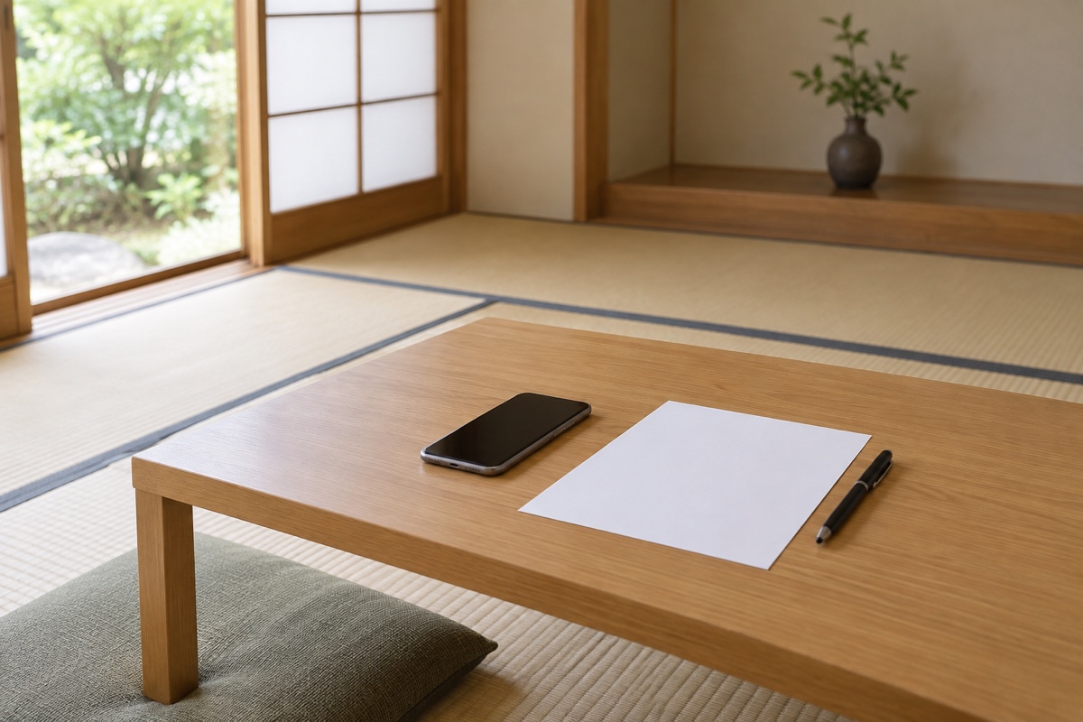 枕経について寺院へ連絡する前の静かな和室と電話のイメージ画像