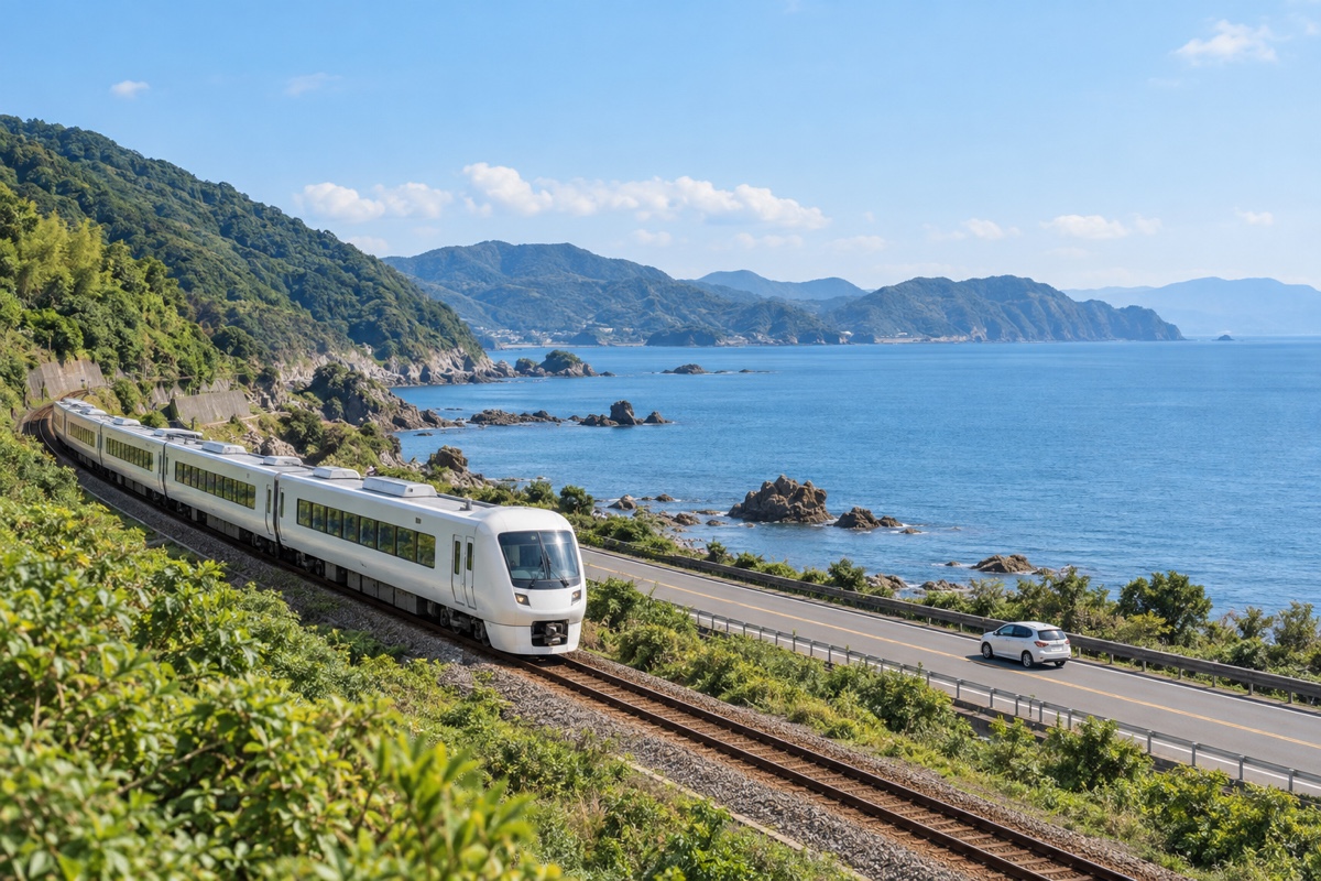 遠方から新宮市周辺へ向かう鉄道と車の移動を海沿いの風景で表したイメージ画像