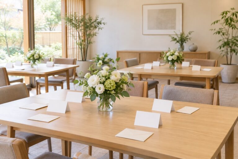 生前葬の内容を家族で相談するために整えた明るい会場と白い花のイメージ画像