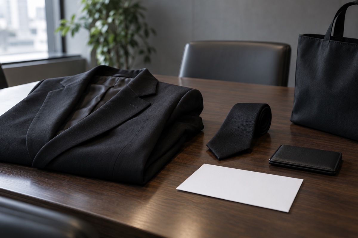 社葬への参列前に案内状と黒い服装を確認する静かな机のイメージ画像