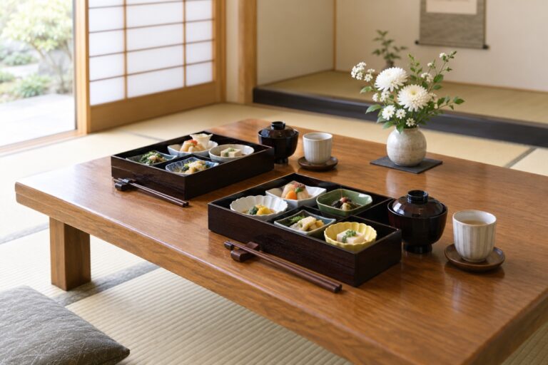 落ち着いた和室の食卓に会食用の膳と白い花を控えめに配した精進落としのイメージ画像