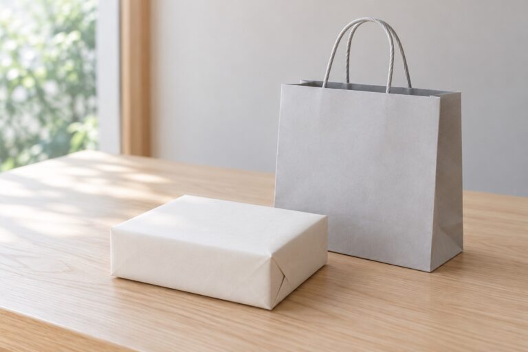 法事の引き出物を準備する場面を表した、落ち着いた包装の贈答品と手提げ袋の写真