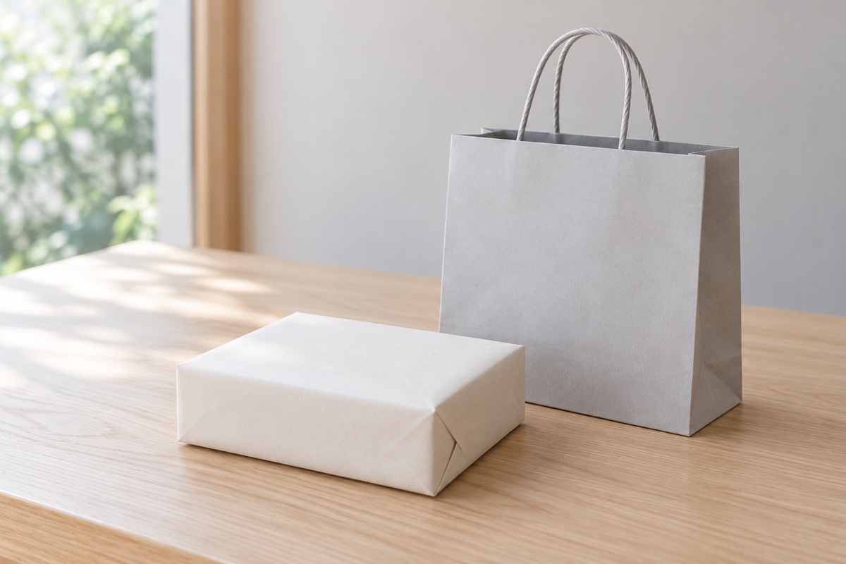 法事の引き出物を準備する場面を表した、落ち着いた包装の贈答品と手提げ袋の写真
